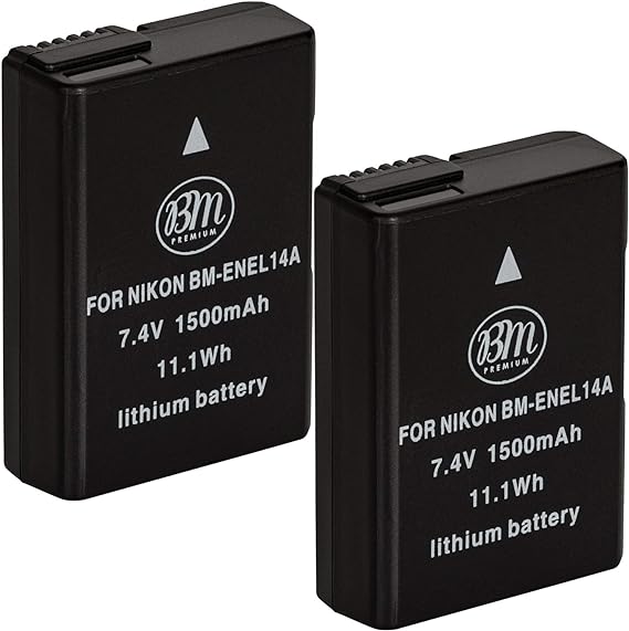 BM Premium 2 Pack of EN-EL14A Batteries for Nikon D3100, D3200, D3300, D3400, D3500, D5100, D5200, D5300, D5500, D5600, DF, Coolpix P7000, P7100, P7700 Digital SLR Cameras