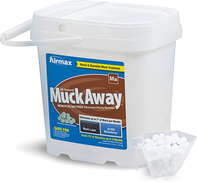 Airmax MuckAway Natural Pond Muck Remover – Safely Clears Muck and Sludge from Beaches and Shorelines; Fish, Plant and Wildlife Friendly – 3 Month Supply, 8 Scoops