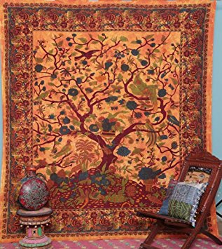 Handicrunch Orange Indian Tree of Life Bedspread Blossom bird Tapestry