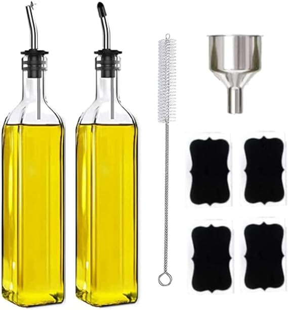 Leaflai Olive Oil Dispenser-2pcs Glass Oil Bottles for Kitchen, 17oz 500ml Oil Container Vinegar Dispenser Set with 2pcs No Drip Spouts & Funnel & Brush & Label for Oil, Wine, Vinegar, Sauce