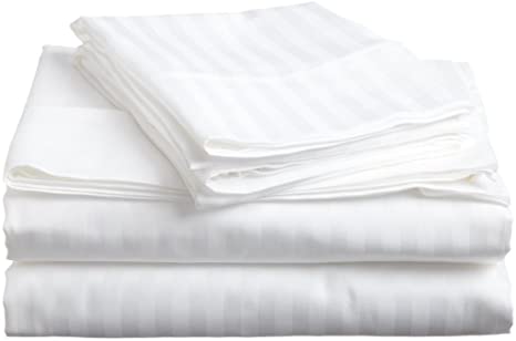 Way Fair Sheet Set Twin Extra Long Size White Stripe 100% Cotton 600 Thread-Count (15" Deep Pocket Drop) by