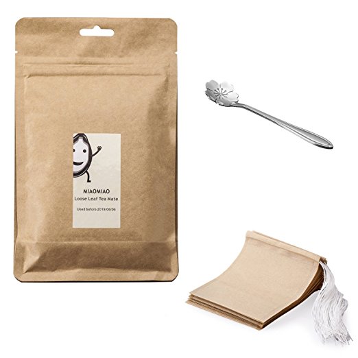 MIAOMIAO 100 count unbleached tea filter bags and Stainless Steel Tea spoon Set , 【safe and natural material】 disposable tea infuser, 1-cup capacity, drawstring empty bag for loose leaf tea (2.43.2)