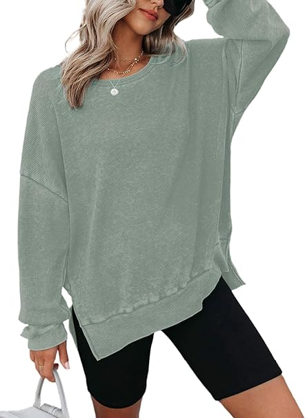 Dokotoo Womens Oversized Waffle Knit Crewneck Sweatshirts Long Sleeve Side Slits Casual Pullover Sweatshirt Tops