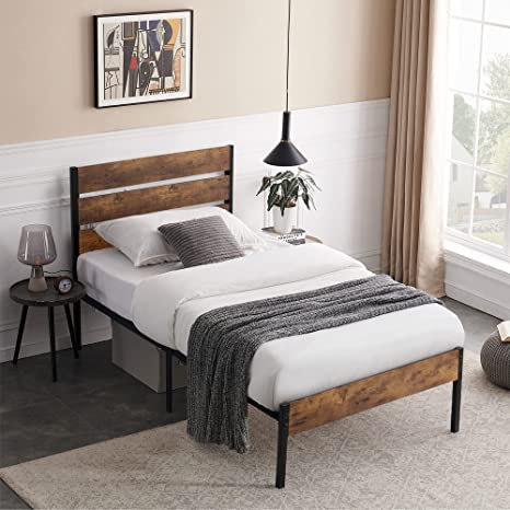 VECELO Platform Twin Bed Frame with Rustic Vintage Wood Headboard, Mattress Foundation, Strong Metal Slats Support, No Box Spring Needed