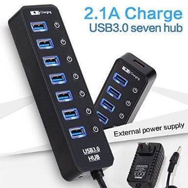 Sunshine-tipway® Usb3.0 7-port USB Hub with Individual On/ Off Switche LED and 5v/2a Power Adapter