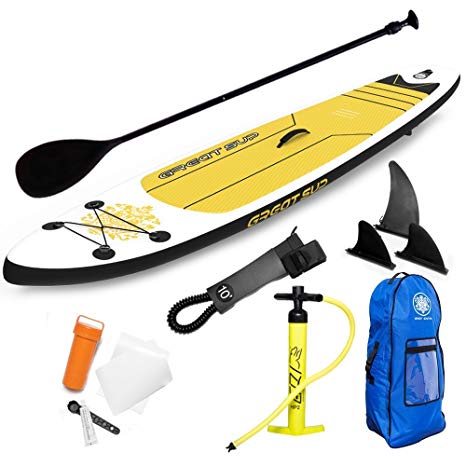 GREAT SUP Inflatable 11' Explorer Stand Up Paddle Board (4" Thick) with Adjustable Paddle/Travel backpack/Air Pump/Fins/Leash| Support up to 220 Lbs.| All-Around Use/Surfing/Recreation