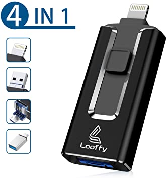 USB Flash Drive for iPhone, 128GB 4 in 1 Memory Stick Looffy USB 3.0 Type C Thumb Drive for Photos, iOS Photostick Mobile External Storage Compatible with iPhone/MacBook/iPad/OTG Android/PC(Black)