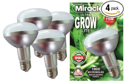 Miracle LED 604760 9.5W (75W) Ultra Grow Lite, BR30 Full Spectrum Hydroponic Plant Growing Light Bulb, 4-Pack