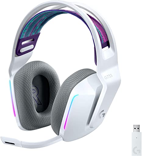 Logitech G733 Lightspeed Wireless Gaming Headset with Suspension Headband, LIGHTSYNC RGB, Blue VO!CE mic Technology and PRO-G Audio Drivers - White