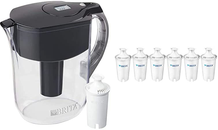 Brita Water Pitcher with 1 Filter, Large 10 Cup, Black & Standard Pitcher and Dispenser Replacement Water Filters, White, 6 Count