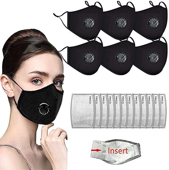 Face Bandanas with Breathing valve   Activated Carbon Filter Replaceable Haze Dust Face Health Protection for Adults (6pcs   12 Filter, Black)
