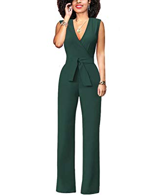 Chic-Lover Women's Elegant Solid Jumpsuit Wrap Top High Waisted Wide Leg Pants Jumpsuits Romper with Belt