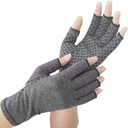 Luniquz Arthritis Gloves with Grips for Men Women Fingerless Compression to Relieve Hand Joint Pain, Grey/L