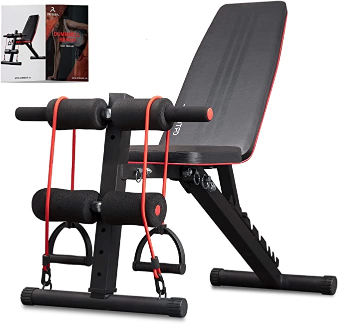 arteesol Weight Bench – Adjustable Weight Bench Workout Bench Exercise Bench with Elastic Strings for Full Body Training