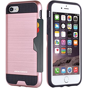 iPhone 7 Case,BENTOBEN Credit Card Holder Wallet Case Slim Fit Shock-absorption Dual Layer Hybrid Rugged Plastic Hard Shell Flexible TPU Bumper Protective Case for Apple iPhone 7(4.7 Inch),Rose Gold