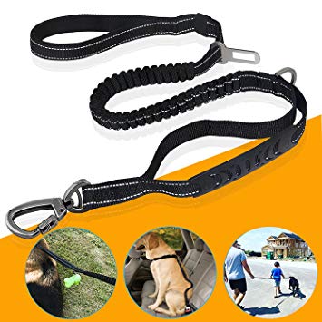 Heavy Duty Dog Leash Especially for Large Dogs Up to 150lbs, 6 Ft Reflective Dog Walking Training Shock Absorbing Bungee Leash with Car Seat Belt Buckle, 2 Padded Traffic Handle For Extra Control