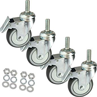 Caster Wheels, 3 Inch Rubber Casters, Set of 4, M12x 1-3/16" Threaded Stem Mount Industrial Castors, Heavy Duty Dual Locking Swivel Wheel, Replacement for Carts Furniture Dolly Workbench Trolley