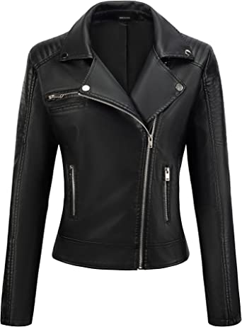 URBEST Women's Faux Leather Jacket Black Motorcycle Moto Biker Short Coat