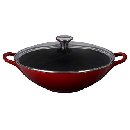 Le Creuset of America Enameled Cast Iron Signature Wok, 5 1/4 Quart, Cerise (Cherry Red)