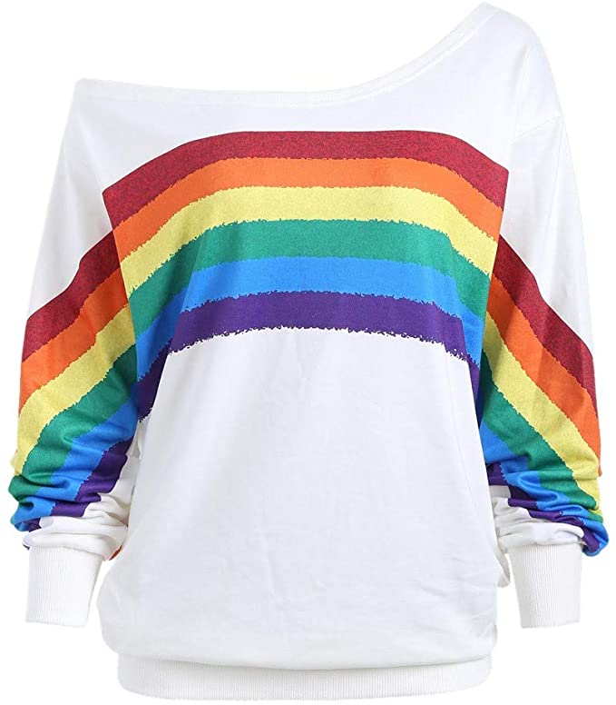 PERFURM Womens Casual Rainbow Print Off Shoulder Shirt Plus Size Sweatshirt Colorful Baggy Tops Cute Striped Pullover
