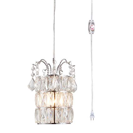 Plug in Crystal Pendant Light with Clear 16.4'（Ft）Cord and In-Line On/Off Dimmer Switch, Chrome Finish Cylinder Style, Perfect Swag Chandelier for Bed Room, Dining Room or Hallway