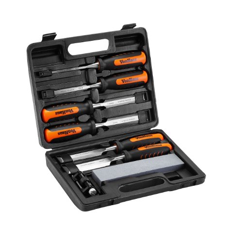 VonHaus 8 Piece Wood Chisel Set for Carving with Honing Guide, Sharpening Stone & Storage Case