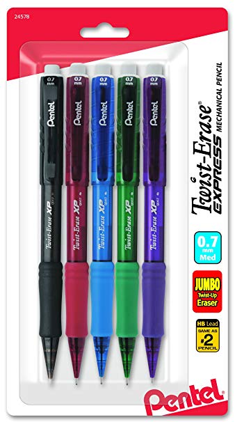 Pentel Twist-Erase Express Automatic Pencil, 0.7mm, Medium Line, Assorted Fashion Colors, 5 Pack (QE417FBP5M)