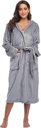 Women's Plush Hooded Bathrobe Winter Warm Robes Soft Fleece Long Robe Luxury Dressing Gown