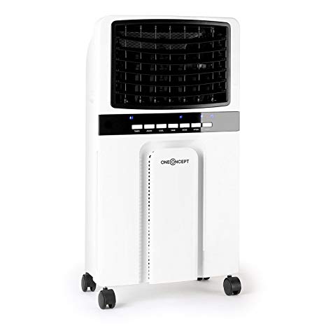 oneConcept Baltic Blue Air Cooler • Radiator • Fan • Humidifier • Purifier • 65W • 400 m³/h • Remote Control • Solid Blowing Direction • Aumotatic Pivoting Movement • 4 Manoeuvrable Ground Rollers • 2 Ice Packs • Remote Control • White