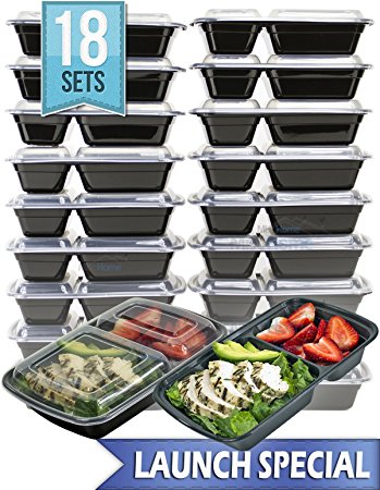 [18 PACK VALUE] MiscHome 2 Compartment Meal Prep Containers | 32 Oz. Two Compartment Food Storage Containers with Lids | BPA Free Bento Boxes | Stackable Meal Prep Containers Two Compartment