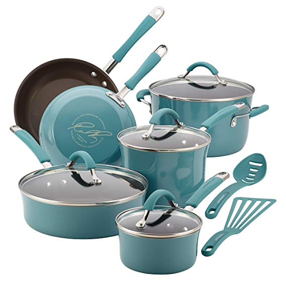 Rachael Ray Cucina Hard Porcelain Enamel Nonstick Cookware Set, 12-Piece, Agave Blue (Certified Refurbished)