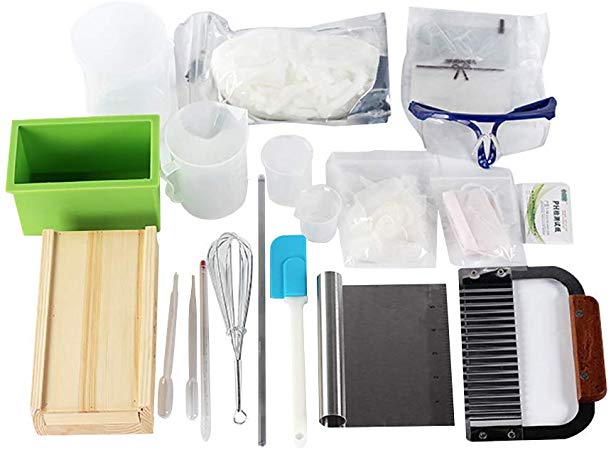 Complete DIY Soap Making Supplies Kit- 20 Pieces Full Beginners Set Including Silicone Mold, Planer Wood Box, Soap Base, Spatulas, Pipette and More