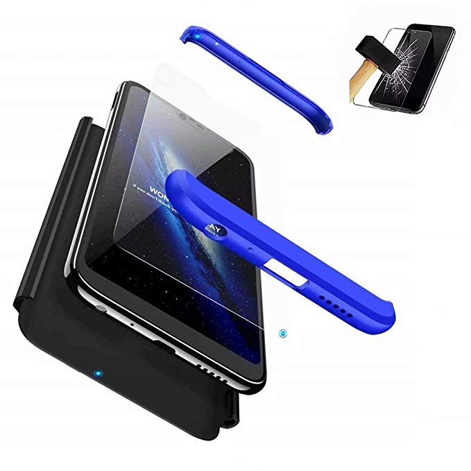 HUOCAI for Nokia 6 2018/Nokia 6.1 Case 360° Protective Cover PC Hard Shell Anti-Shock Anti-Scratch Bumper 3 in 1 design Matte Phone cover case (blue black)  Tempered glass film
