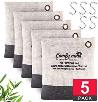 Thailand Bamboo Charcoal Air Purifying Bag 5x 200g Packs with Hooks, Activated Natural Breathe Air Freshener Deodorizer, Odor Absorber Eliminator Remover for Green Home, Car, Pet, Closet, Shoe Cabinet