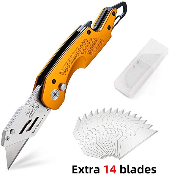 Professional Box Cutter Folding Utility Knife, E-PRANCE Pocket Carpet Knife with 14 Replaceable SK5 Stainless Steel Blades, Easy Release Button, Quick Change and Locking Razor Knife (Gold)
