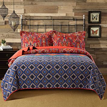 NEWLAKE Quilt Bedspread Sets-Bohemian Floral Pattern Reversible Coverlet Set,King Size