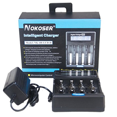 ROKKES Universal Intelligent Battery Charger - NOKOSER 4H 4-Bay Rapid Digital LCD Display Smart Battery Tester, Car charger   Sound Prompts For Rechargeable 18650/IMR/Li-ion/LiFePO4/Ni-MH/Ni-Cd AA AAA