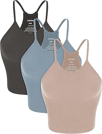 ODODOS Women's Crop 3-Pack Washed Seamless Rib-Knit Camisole Crop Tank Tops