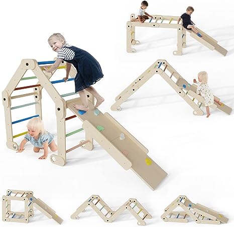 labebe Pikler Triangle Climber, Toddler Climbing Toys Indoor for Boys and Girls Ages 3 and up, Wooden Climbing Triangle with Sliding Ramp, Foldable Toddler Pickler Gym, Montessori Climbing Set