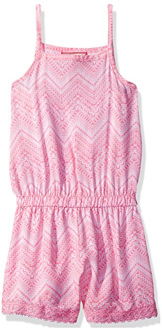 Dream Star Girls' Sleeveless Printed Challis Romper with Crochet Trim At Hem