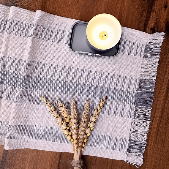 Boho Farmhouse Striped Table Runner 72 Inch Long for Dining Table, Wedding, Dresser Decor - Natural Cotton Tassle Rustic Striped Table Decoration - Ivory / Gray