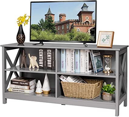 Tangkula Wooden TV Stand for TVs up to 55 Inches, 3-Tier Entertainment Center with Storage Shelves, Industrial Rustic Console Table for Living Room Bedroom (Grey)