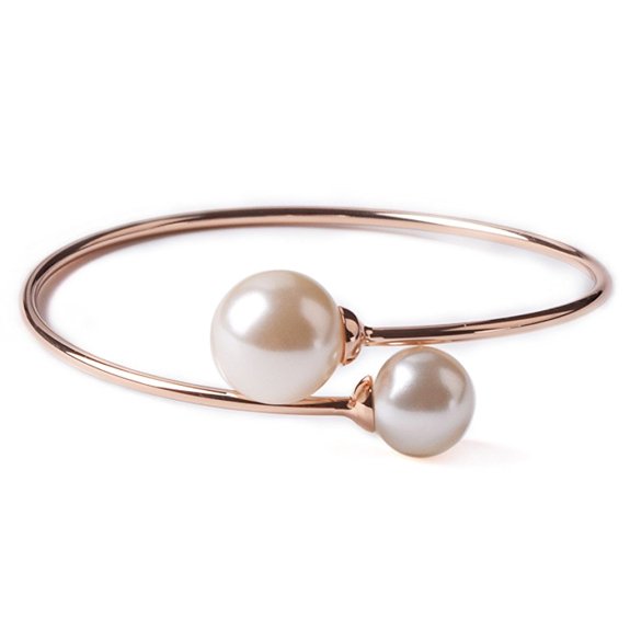 TQS™ Adjustable Double Pearl Bracelet Bangle Asymmetrical Jewelry in Gold or Platinum Plated Cuff