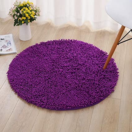 Not-Slip Chenille Round Bath Mat, Extra Soft Shaggy Bathroom Rugs and Absorbent Plush Carpet for Living Room Bedroom-Purple Diameter60cm(24inch)