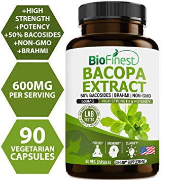 Biofinest Bacopa Monnieri (Brahmi) - 50% Bacosides - Organic Gluten-Free Non-GMO - Made in USA - Brain Supplement for Mental Alertness, Focus, Healthy Mood (90 Vegetarian Capsules)