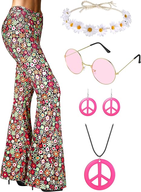 SATINIOR 70s Women Hippie Costume Accessories Boho Bottom Flared Pant Peace Necklace