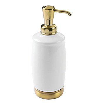 InterDesign York Ceramic Liquid Soap & Lotion Dispenser Pump for Kitchen or Bathroom Countertops, White/Soft Brass