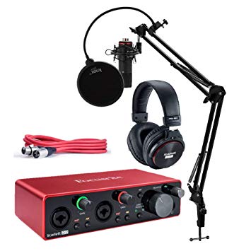 Focusrite Scarlett 2i2 Studio 3rd Gen USB Audio Interface Bundle with Pro Tools First, Microphone, Headphones, XLR Cable, Knox Studio Stand, Shock Mount, and Pop Filter (7 Items)