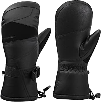 Alpine Swiss Mens Waterproof Gauntlet Ski Mittens Winter Sport Gloves Snowboarding Windproof Warm 3M Thinsulate, Black, Small