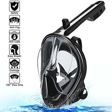 FOLKSMATE 180° Full Face Snorkel Mask with Panoramic View Anti-Fog, 2018 Newest Version Anti-Leak Snorkeling Design for Adults & Teenagers, Black, S/M & L/XL